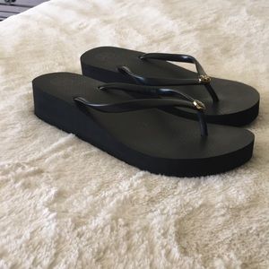 Tory Burch Carved Black Wedge Flip Flops